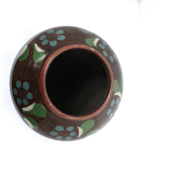 MEXICAN FOLK ART BURNISHED CLAY POTTERY POT HAND-PAINTED FLORAL RED GREEN WHITE - Picture 6 of 8